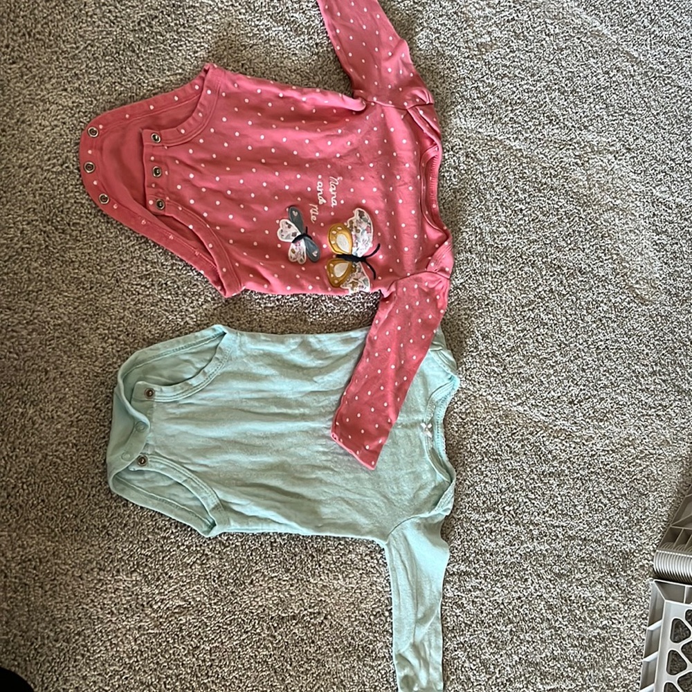 long sleeve onesies : pink with white dots ,and green with white mini flowers